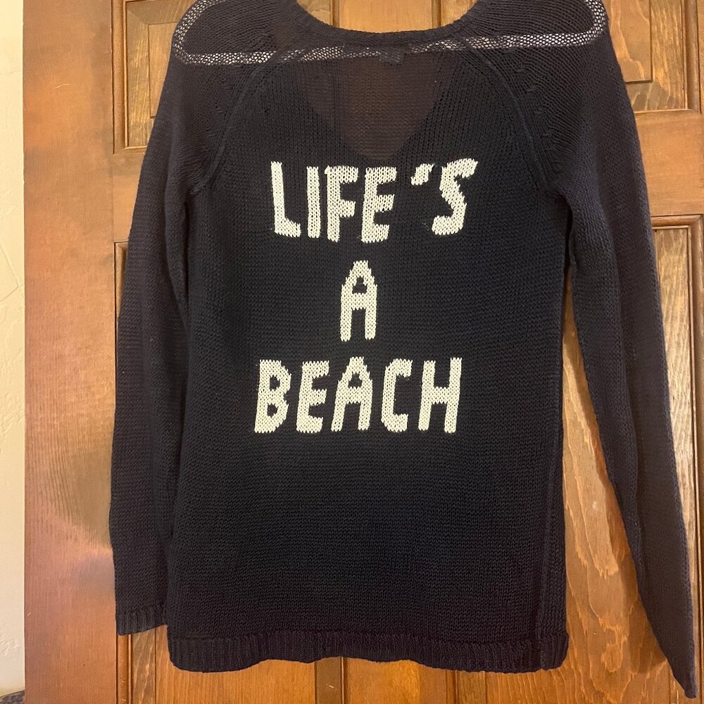 360 Sweater "Life's a Beach" Navy and White Linen Coverup Sweater Size XS